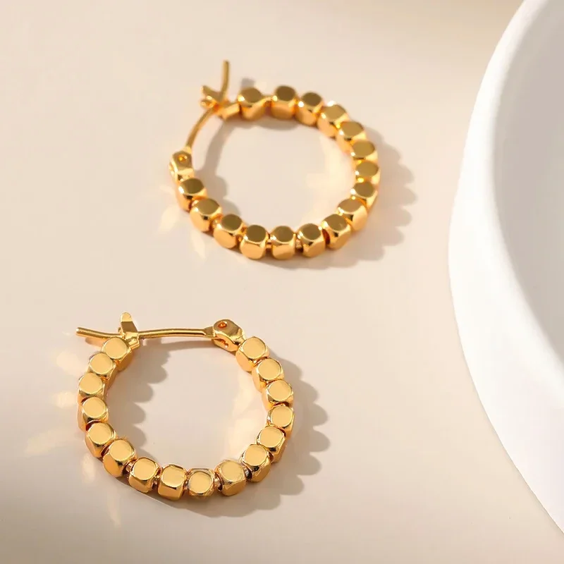 Gold Color Square Beaded Hoop Earings Exquisite Hollow Round Earrings For Women Party Wedding Geometric Ear Jewelry Gifts