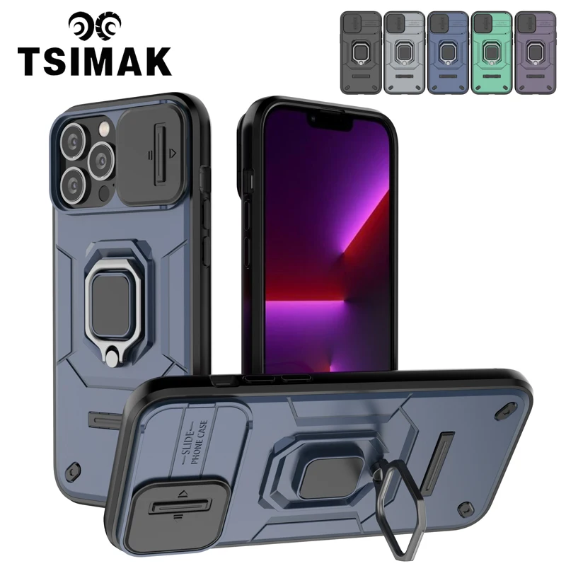 Coque For iPhone 15 Pro Max Case Shockproof Armor Ring Slide Lens Protect Back Funda For Apple iPhone 13 14 15 Plus Phone Cover