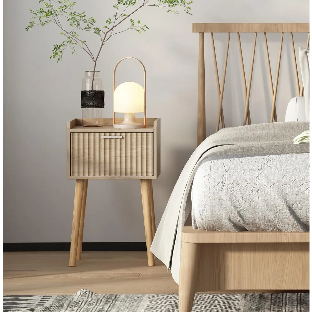 LAATOOREE 나이트스탠드 2개 세트, 플루티드 도어가 있는 소형 침대 옆 테이블, 원목 다리가 있는 엔드 테이블, 미드센추리 침대 옆 테이블