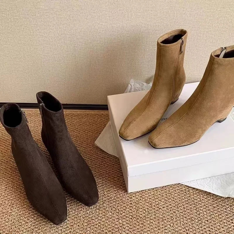 

Korean style chunky heel short snow boots for women2025Autumn New Versatile Pointed Toe Side Zipper Stretch Slim Boots