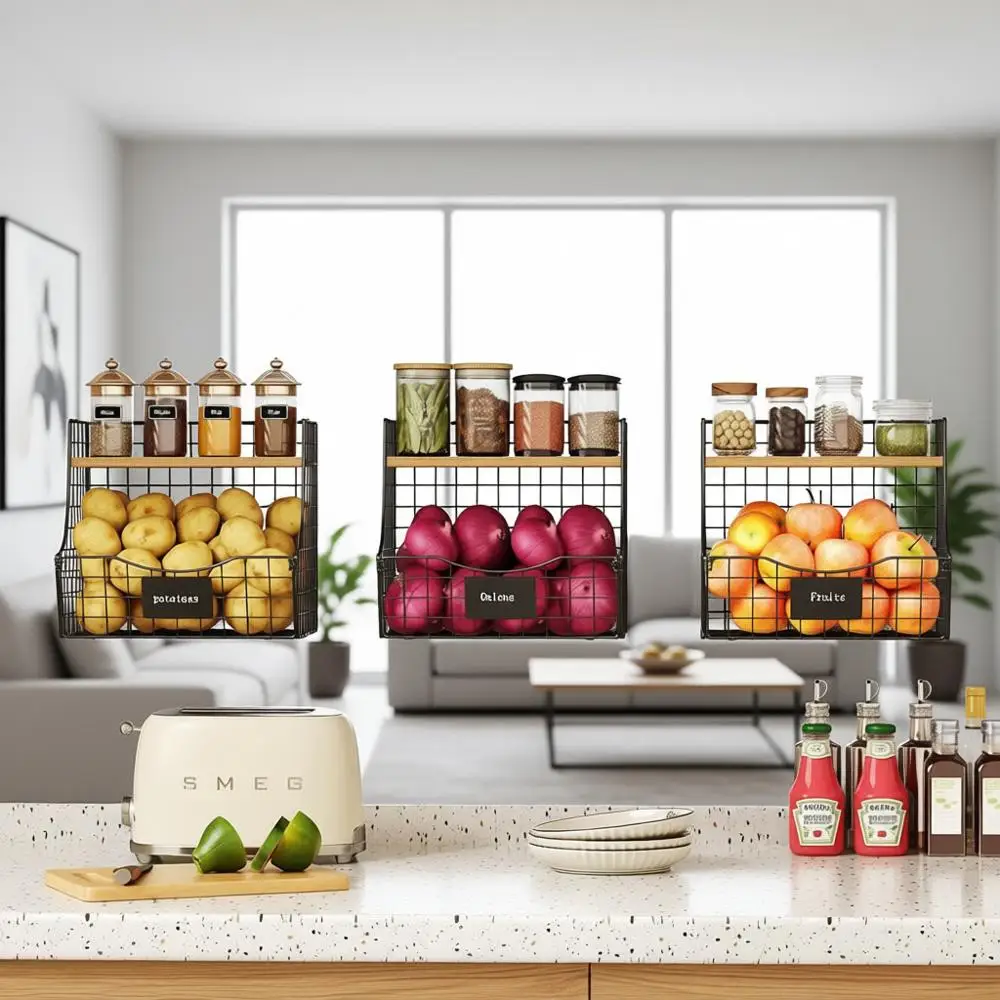 

Stackable Wooden Lid Baskets for Kitchen Counter & Wall, Onion Potato Storage with Nameplate, Hanging Wire Organizers