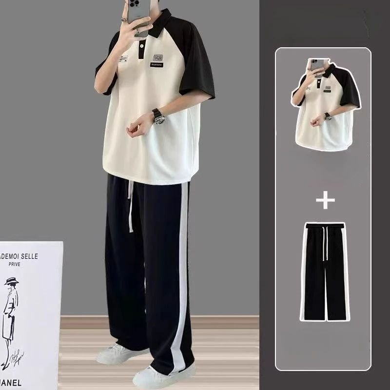 

Male T Shirt Trousers Sets Loose Black Men's Pants Set Polo Nylon Cotton Cheap Clothes Chic Trends Costumes Tee Casual Xl Cool