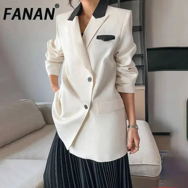 

FANAN Asymmetric Button Design Contrast Color Blazers For Women Notched Long Sleeve Fit Jackets Female Coats 2025 Autumn New