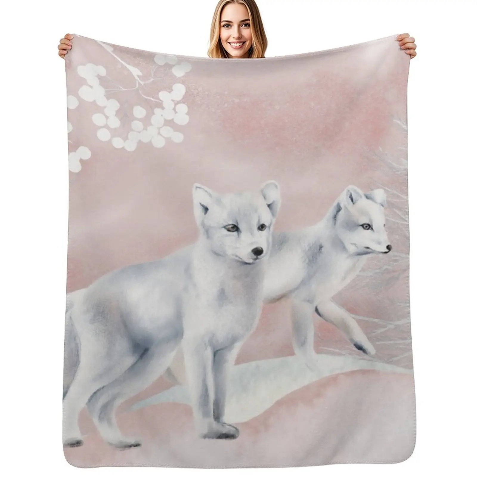 Arctic Foxes in a White and Pastel Pink Winter Paradise Throw Blanket Soft Big Plaid on the sofa Polar Luxury St Blankets