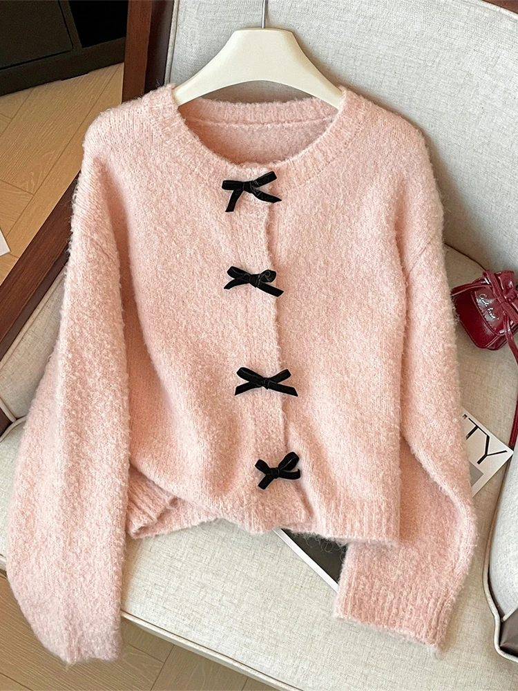 ผู้หญิงสีชมพูCardigan Cashmere Bowเสื้อกันหนาวHarajukuเกาหลีY2kเสื้อแขนยาวจัมเปอร์ 90S Vintage 2000Sเสื้อผ้าฤดูใบไม้ร่วง 2024