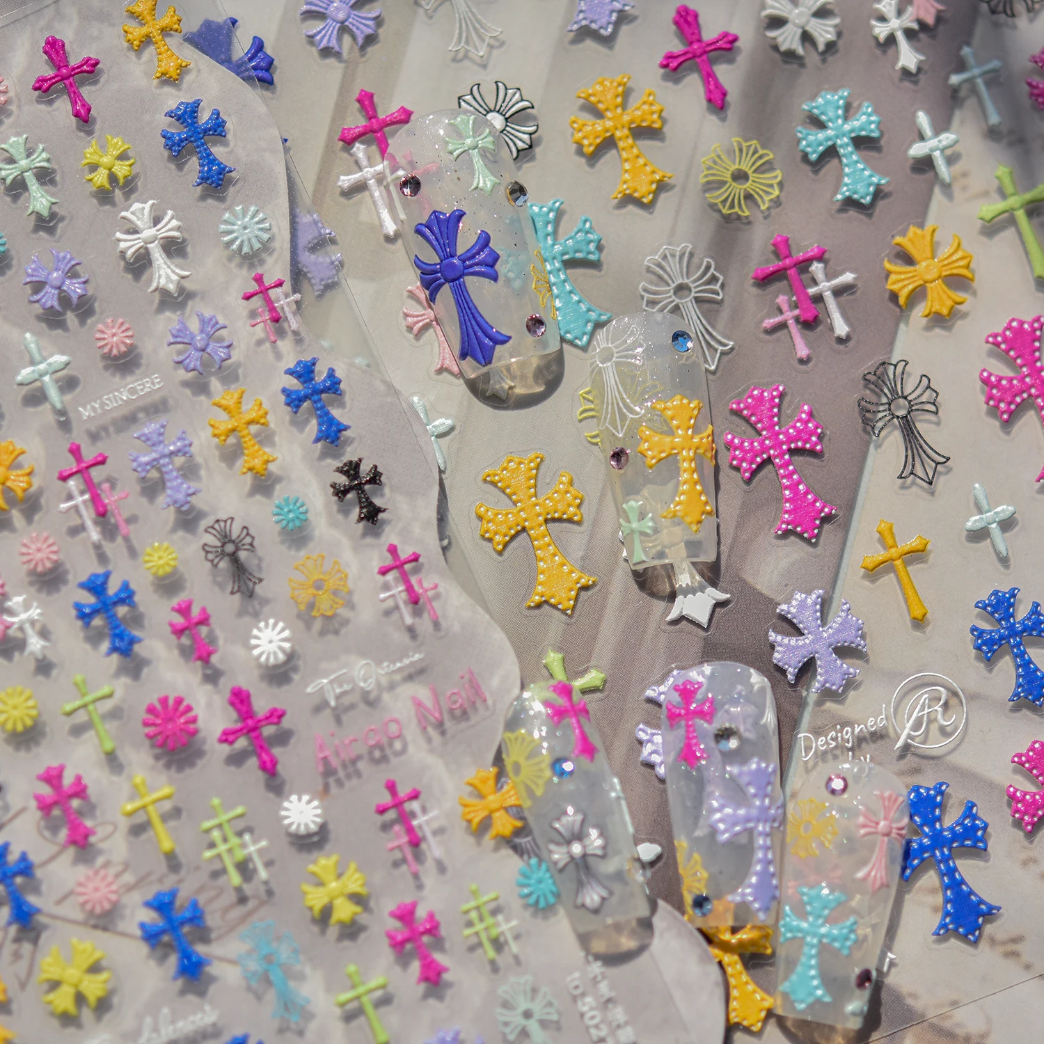 1PCS Colorful Cross Nail Stickers Nail Art Supplies 5D Letters Flowers Embossed Nail Art Decals Nail Art Decoration