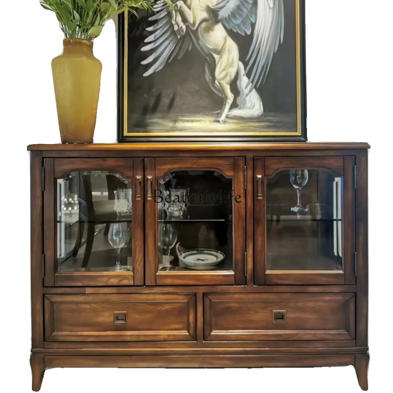 

Simple American Style Solid Wood Sideboard with Glass Doors, Three-Door Sideboard for Food Preparation and Storage