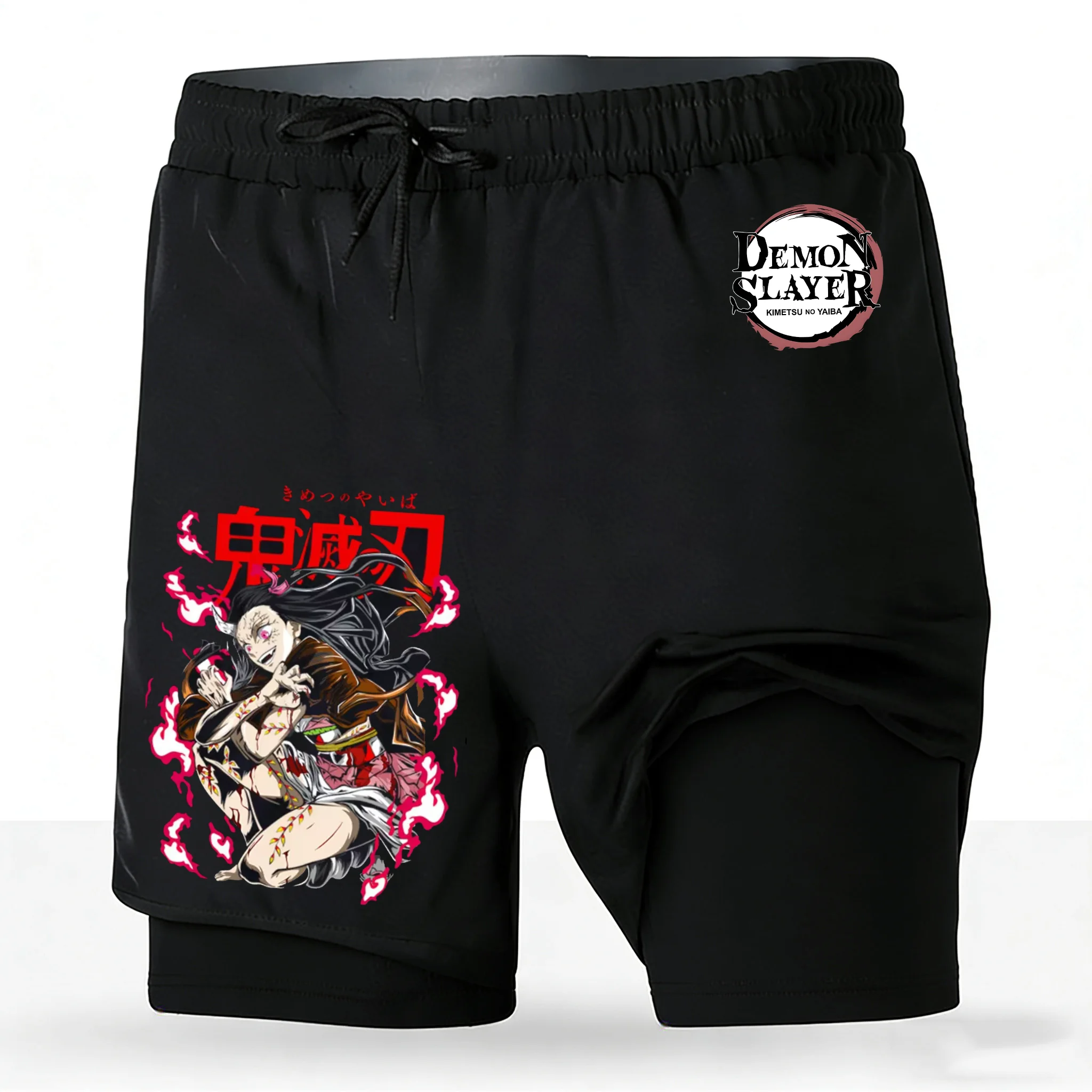 

Мужские двухслойные быстросохнущие спортивные шорты 2-в-1 с принтом Demon Slayer Nezuko Kamado для тренажерного зала, бега и тренировок, новинка 2026 года, унисекс