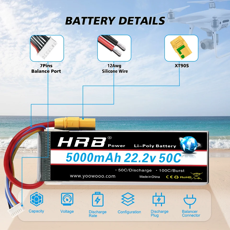HRB 6S 5000mAh يبو بطارية XT90-S مكافحة شرارة موصل 50C 22.2 فولت بطارية توصيل خارجي كوادكوبتر هليكوبتر طائرة سيارة قارب شاحنة
