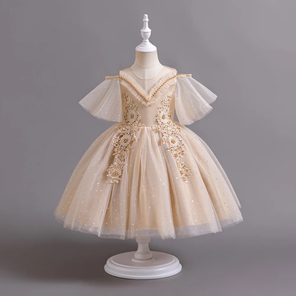 

Girl Tulle Sleeved V Neck Gown Lace Floral Embellishment Sequined Tulle Skirt Pearl Dots Elegant Kid Attire Children Celebration