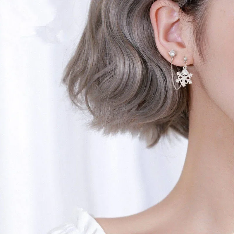 Romantic Snowflake Tassel Drop Earrings For Women Crystal Two Ear Hole Female Elegant Dangle Ear Piercing Accessory Best Gifts