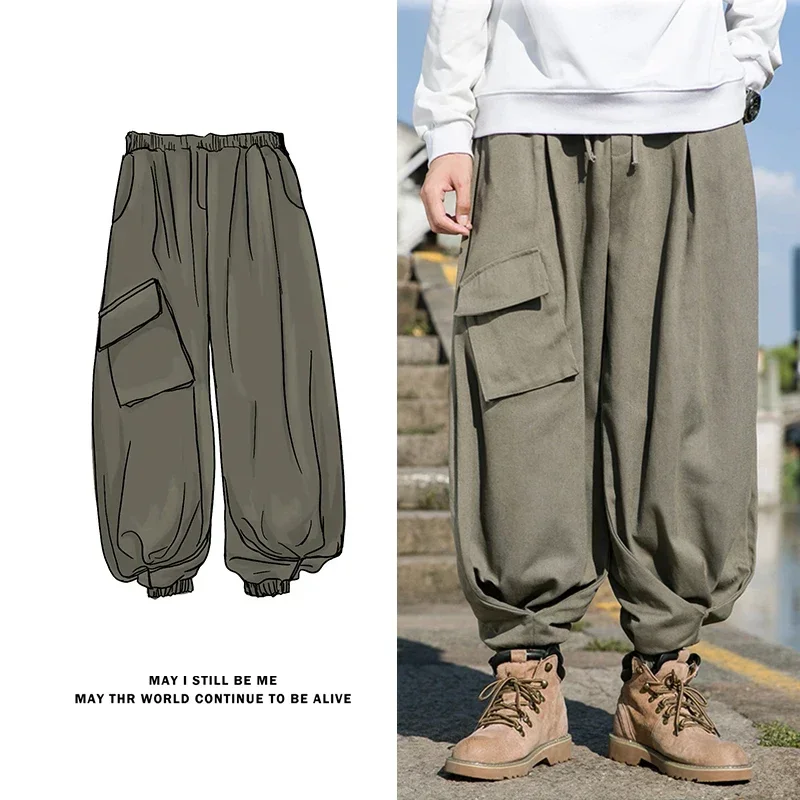 Japanese Streetwear Men\'s Solid Color Pocket Drawstring Jogger Pants Casual Hip Hop Straight Pants Retro Wide Leg Cargo Pants