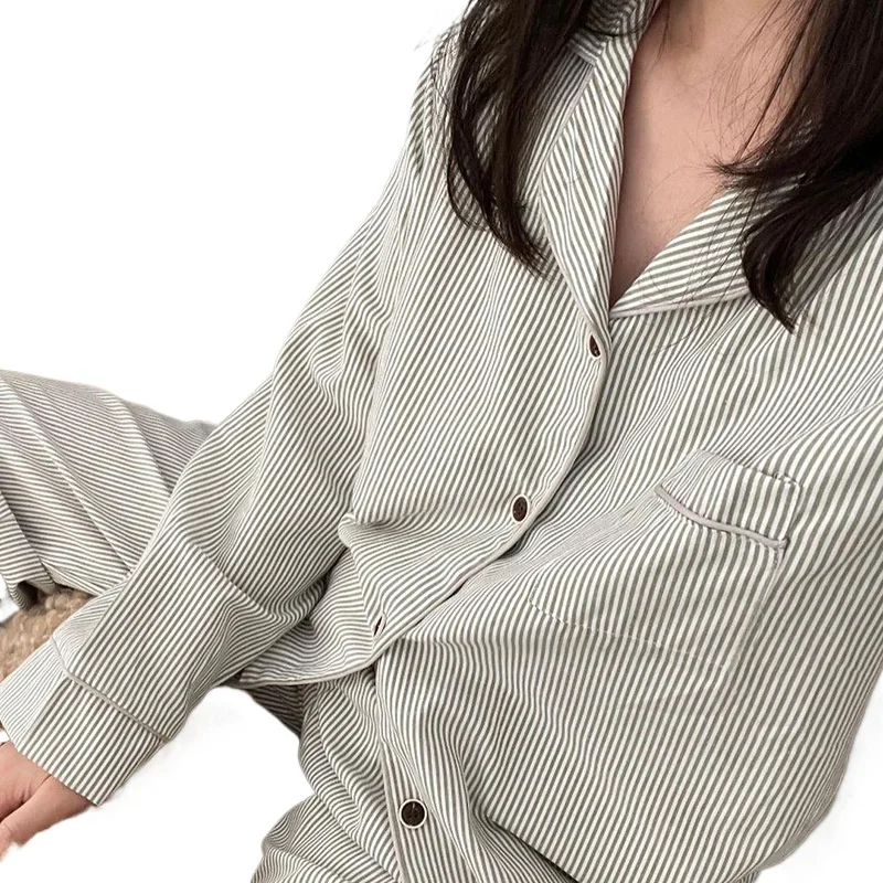 Gestreifte Pyjamas für Damen, Frühling und Herbst, langärmelig, lange Hosen, Set für Mädchen, locker sitzende Studenten-Loungewear, Damenkleidung, die man lässig draußen tragen kann