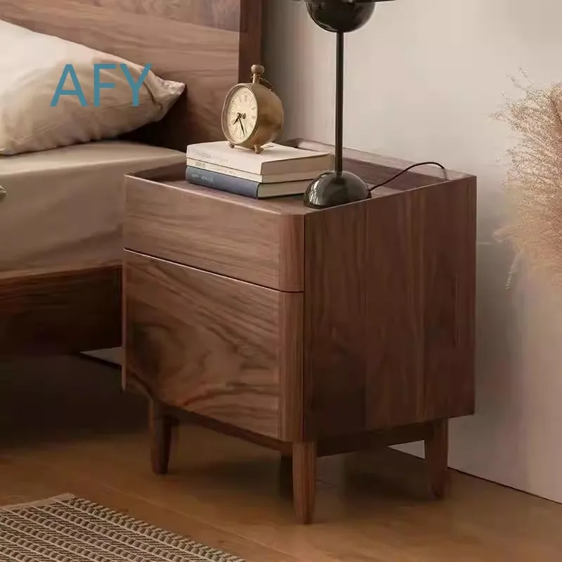 Japanese Style Cherry Wood Shell Nightstand for Bed Frame Luxury Black Walnut Bedside Storage Cabinet Wooden Bedroom Dresser