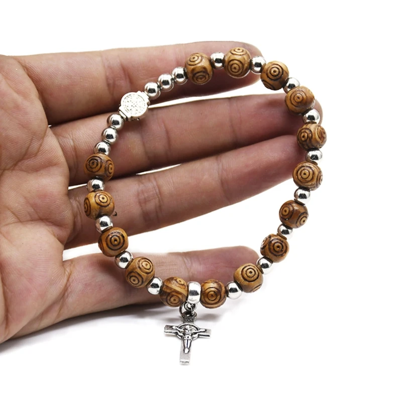 8mm Wood Beads Rosary Bracelet Vintage Jesus Christ Crucifix for Cross Wristband Chain Bracelets Men Unisex Jewelry Charm Gift