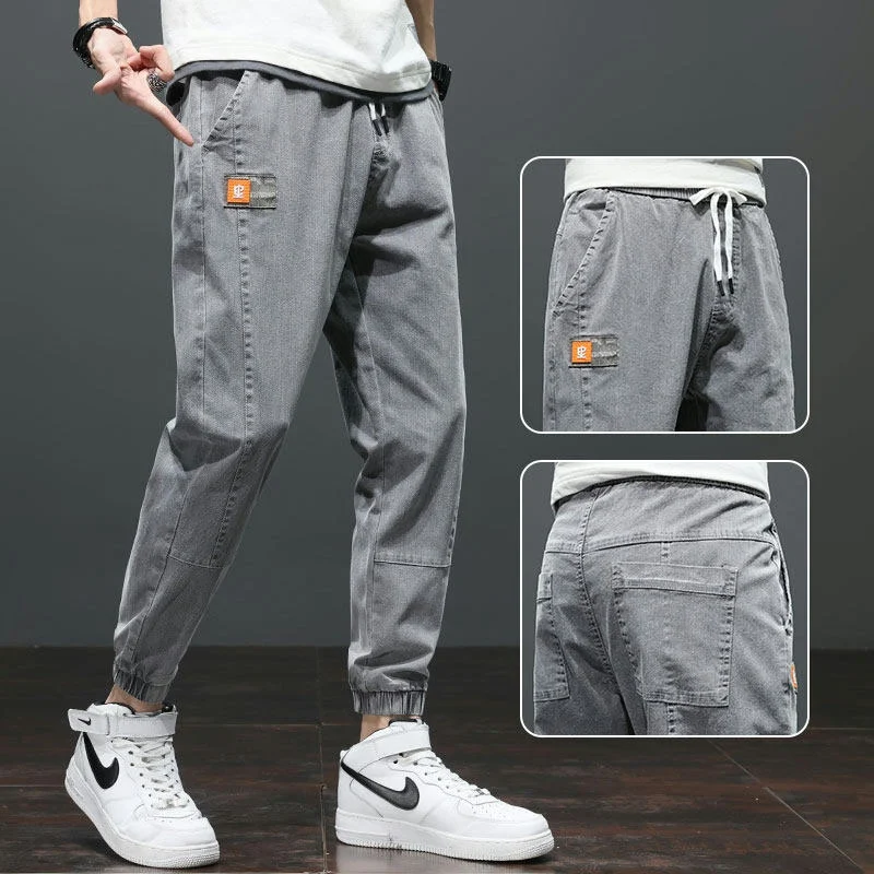 

Men's Dstring Elastic Waist Jeans Slim Fit Straight Leg Spor Casual Thin Summer Blue Denim Youth Trendy Long Trousers
