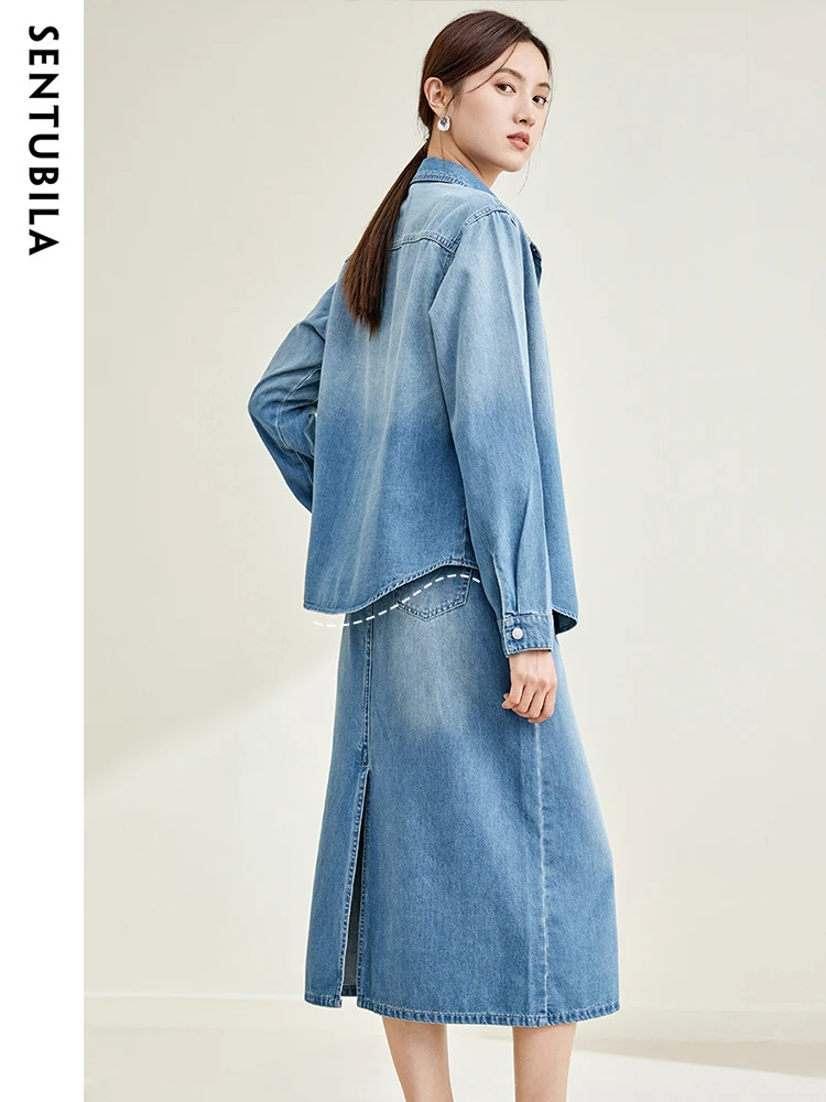 SENTUBILA Denim Skirt Two Piece Sets for Women 2024 Autuman Outfits New in Matching Sets Long Sleeve Denim Shirt Midi Skirt