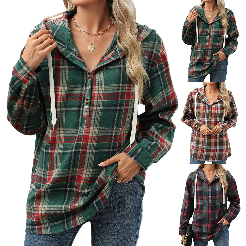 

Europe and the United States 2024 autumn and winter new loose long-sleeved hooded button plaid coat hoodie woman