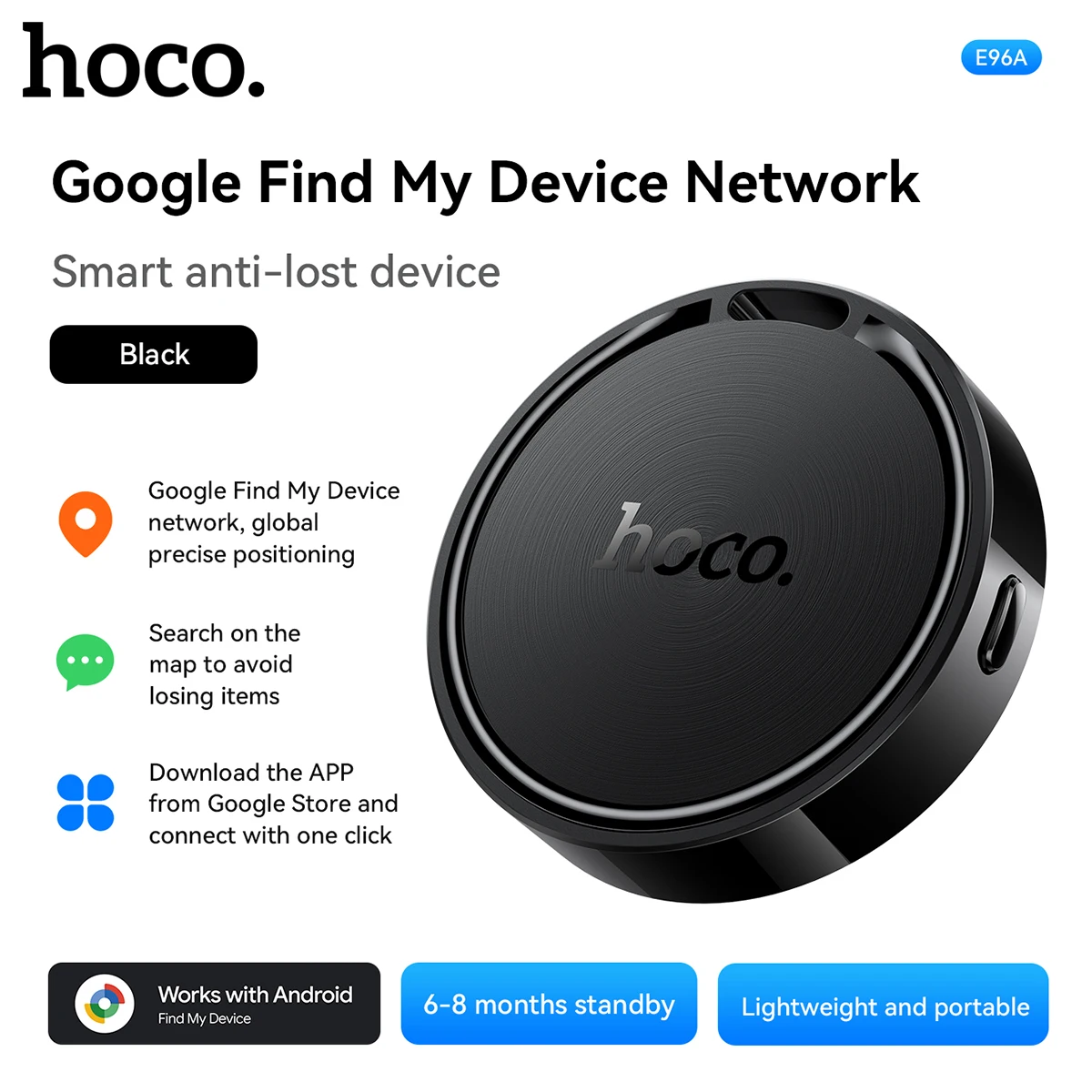 

HOCO E96A GPS Smart Tracker Tag Bluetooth Locator Anti-Lost Device Keys Pet Elderly Kids Finder Work with Android Google Find My