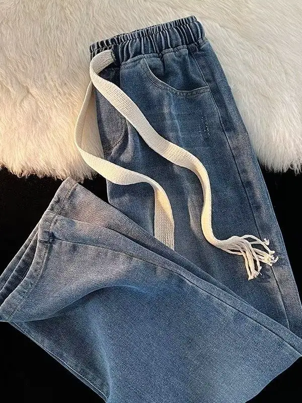 

Men's Casual Dstring Denim Jeans Hong Kong Sle Loose Straight Leg High Street Trendy Brand Versatile Wide Leg Pants
