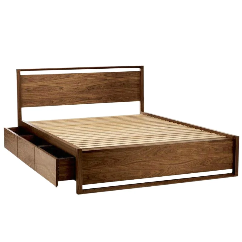 Nordic black walnut double bed, Japanese oak hanging drawer solid wood high air pressure box master bed