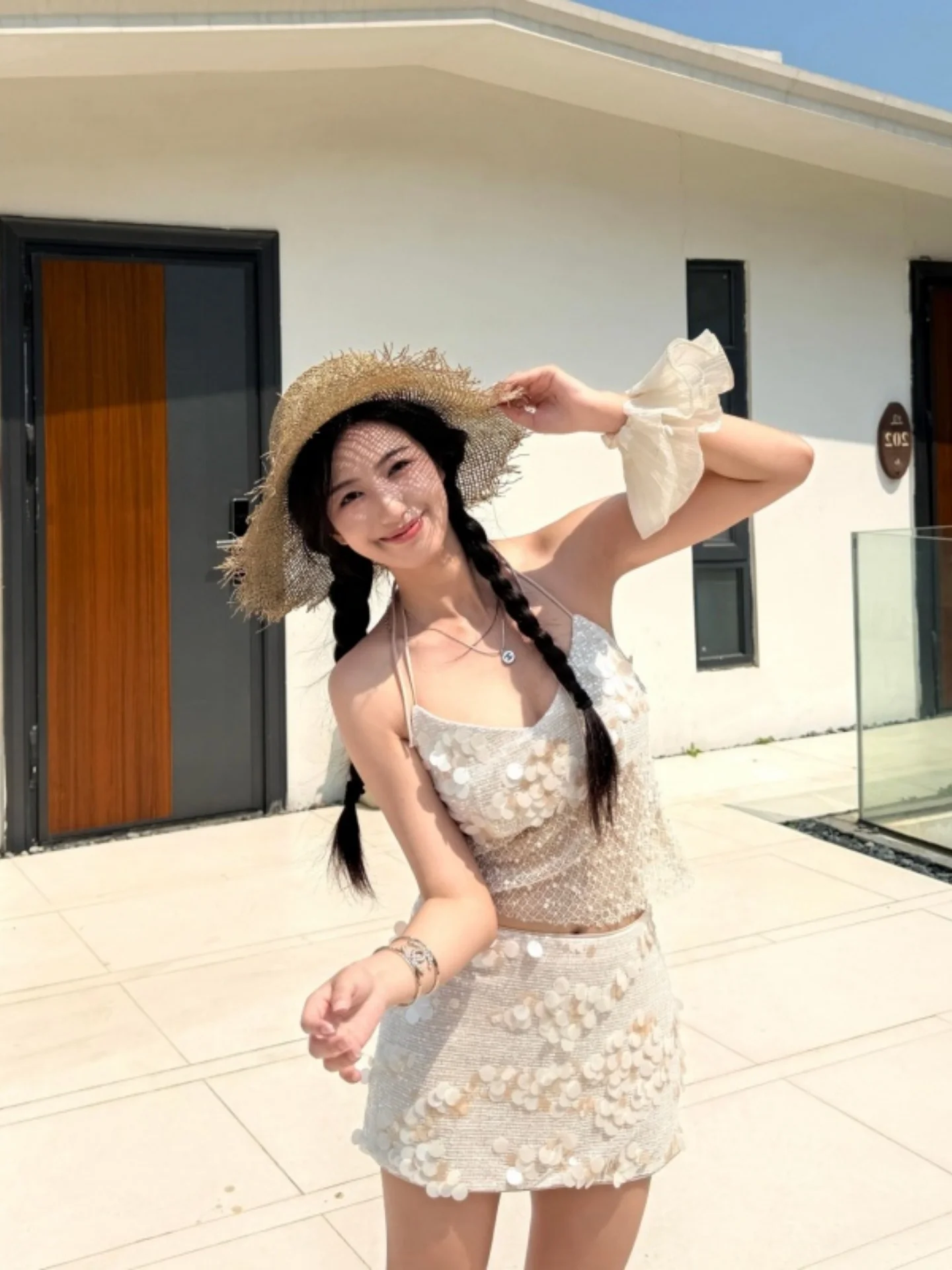 

Elegant V-Neck Beaded Mesh Top with Halter Neck Short Skirt Two-Piece Set Breathable Polyester Summer Outfit for Women