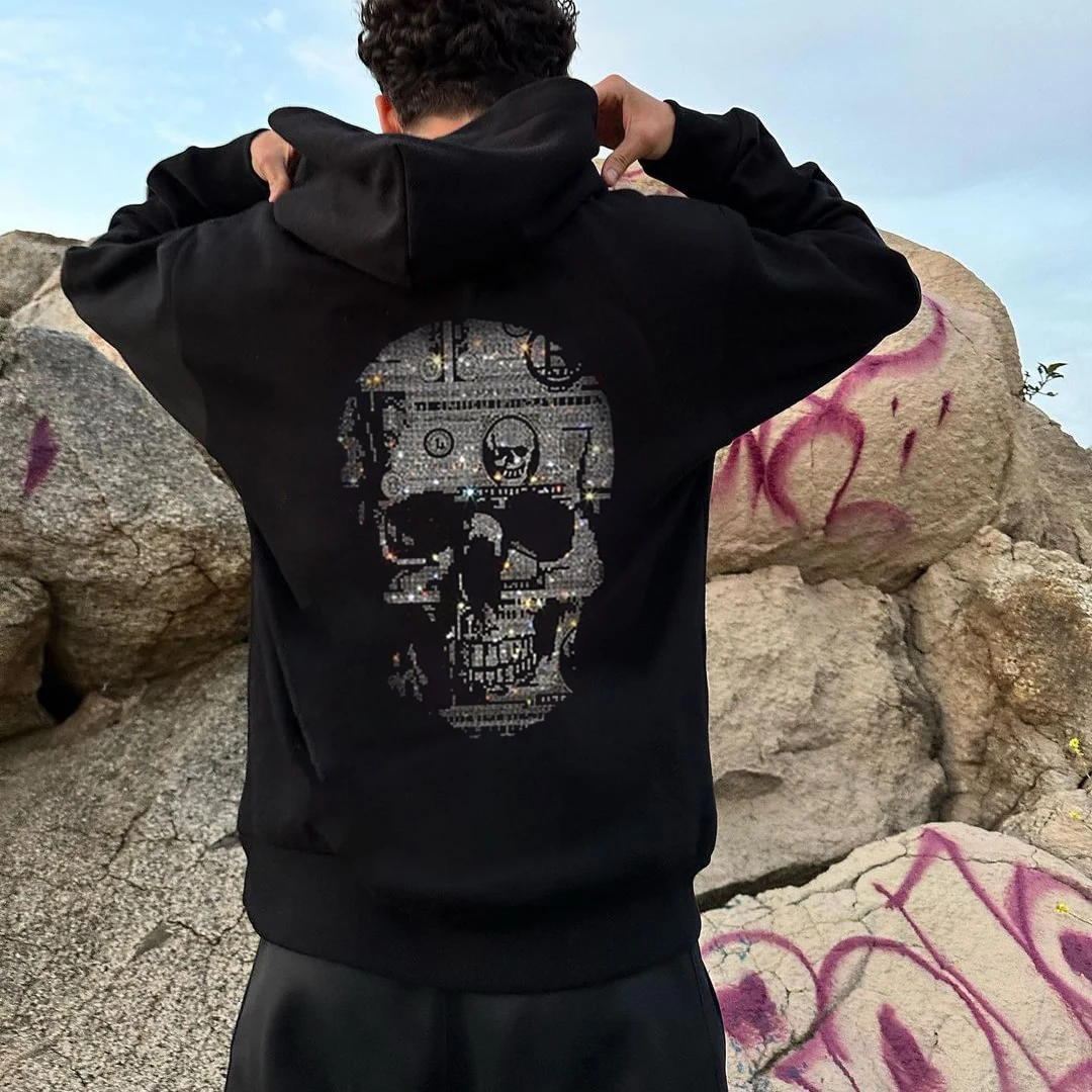 Sudadera holgada con capucha para hombre y mujer, abrigo informal cálido con calavera negra y diamantes de imitación, novedad