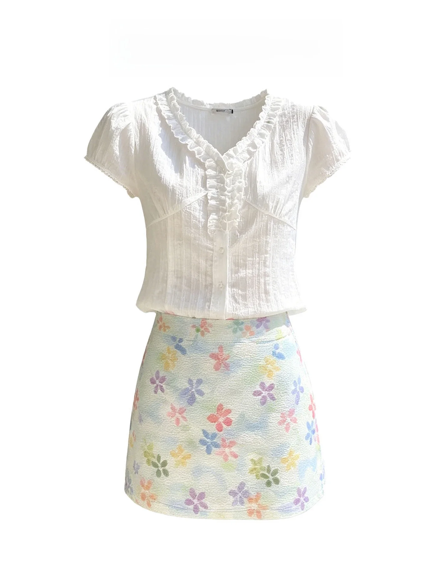 

Korean Style Summer Fashion Set Women's Small Size Clothing White V-Neck Shirt Floral Half-Skirt One Whole Set Bubble Sleeve