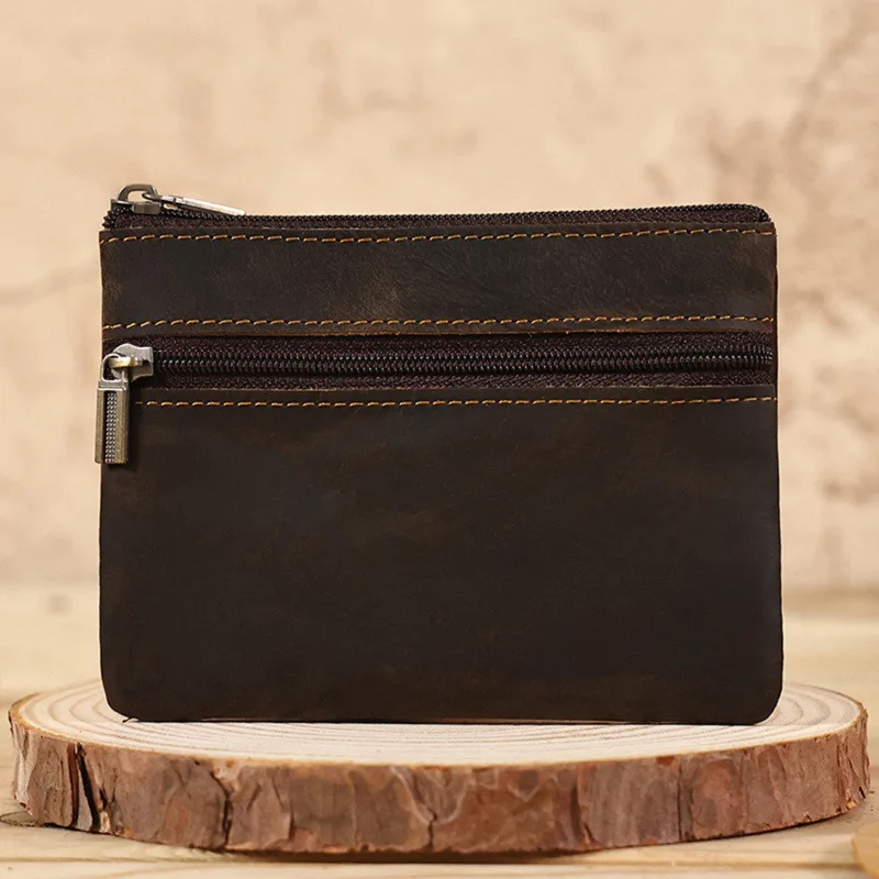 Monedero Retro de cuero genuino con llavero para hombres y mujeres, billetera de piel de vaca con cremallera, Mini bolso Vintage