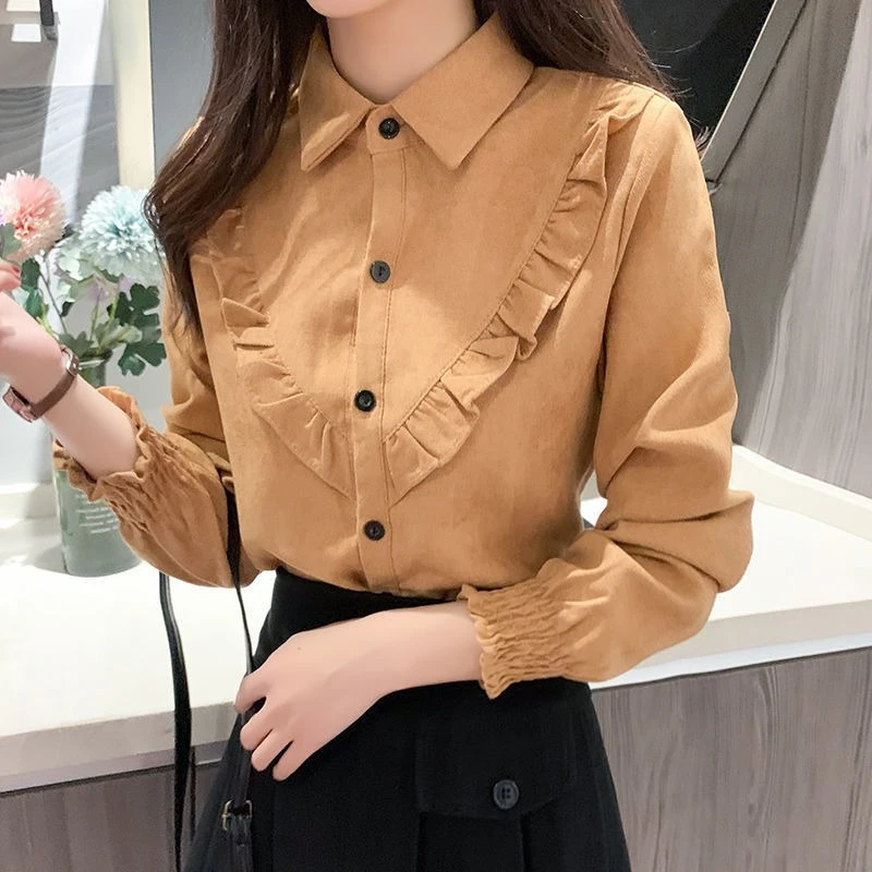 

Vintage Corduroy Blouse Women Long Sleeve Fall Winter Thick Warm Shirt Ruffled Collar Casual Office Wear