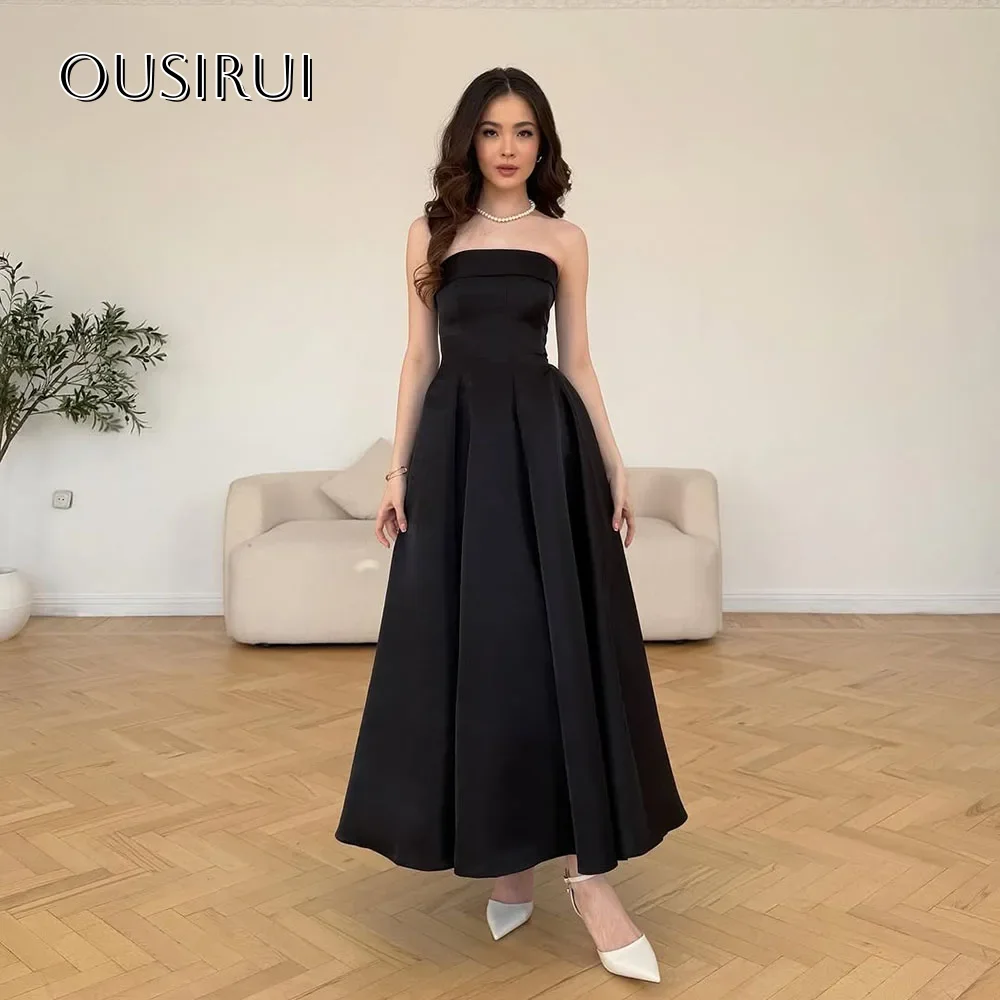 

Simple Strapless Satin Homecoming Dresses Ruched Corset Back Ankle Length A Line Party Dresses Customized платье на выпускной