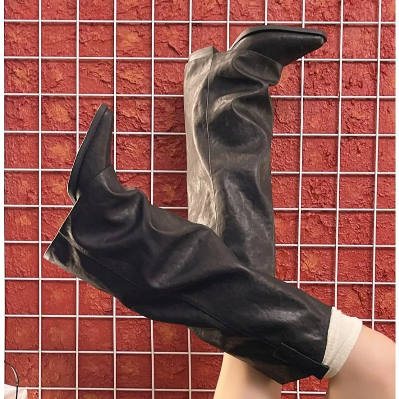 

Chunk Leather High Boots Women Knee High Pointer Toe Heels Shoes Woman Trend Chelsea Boots New Pumps Mujer Snow Gladiator Botas