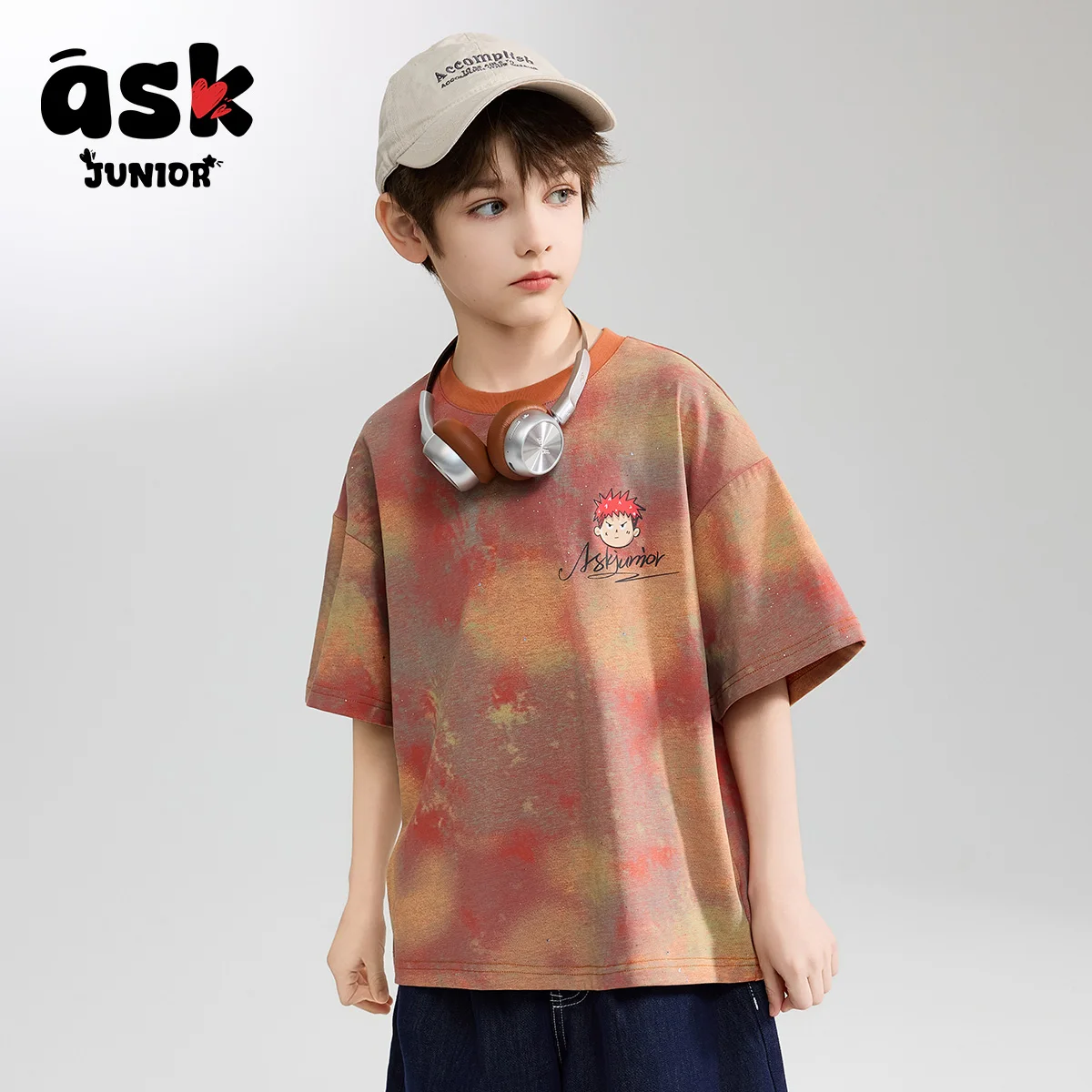 الأطفال الصيف قصيرة الأكمام الفتيان والأطفال الأكبر سنا المتناقضة اللون التعادل صبغ الكرتون المطبوعة قصيرة الأكمام تي شيرت #2