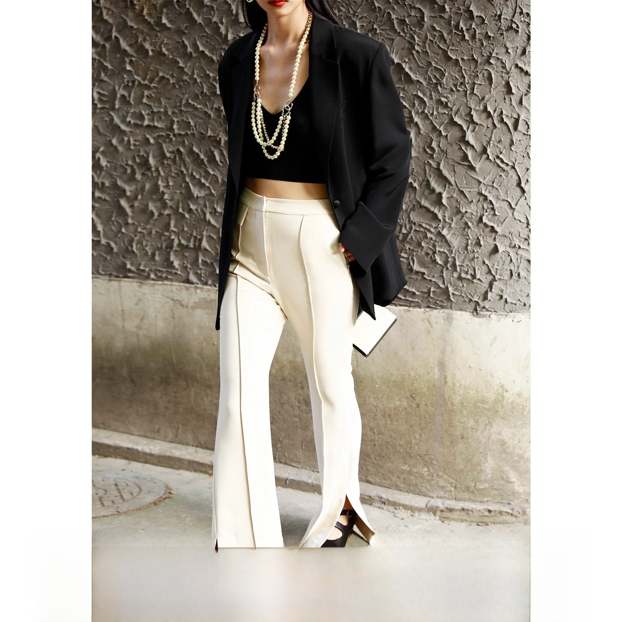 

Универсальные повседневные брюки Lemon Chen Signleg с микро-расклешенными ногами для похудения длиной до пола, с высокой талией и разрезом, полиэтилен на талии...