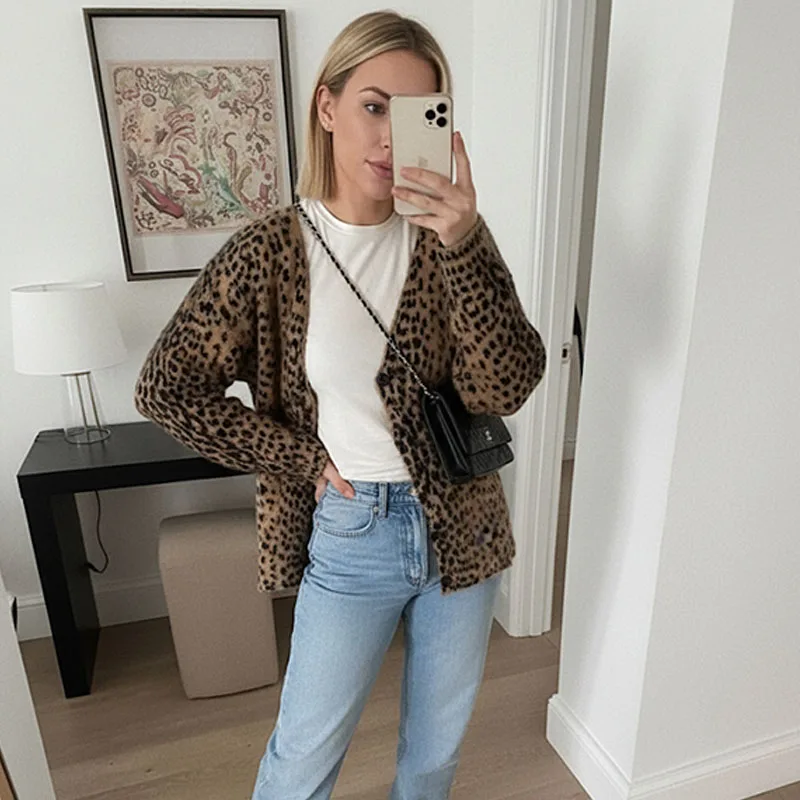 

Fitted Leopard Print Cardigan Woman Clothes, V Neck Button Down Knitwear Sweater Coat, Long Sleeve Sexy Office Casual Outwear