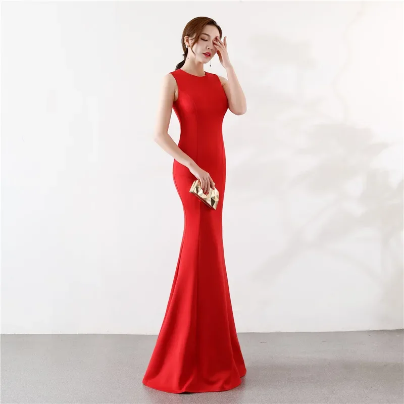 Evening Dress Red Jersey O-neck Sleeveless Simple Mermaid Trumpet Floor Length Plus size Women Party Formal Gown Robe De Soiree