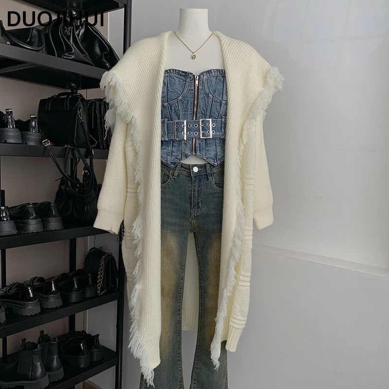 

DUOJIHUI Autumn New Loose Soft Chic Female Cardigan Basic Solid Color Simple Casual Fashion Tassels Long Sleeve Women's Cardigan