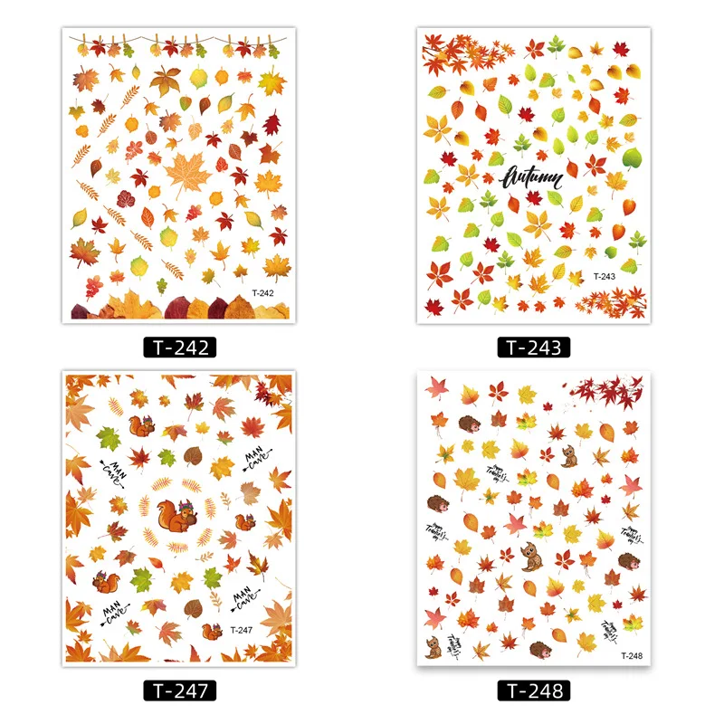 Hot selling nail art maple leaf nail stickers in autumn and winter, maple squirrel nail stickers with adhesive backing