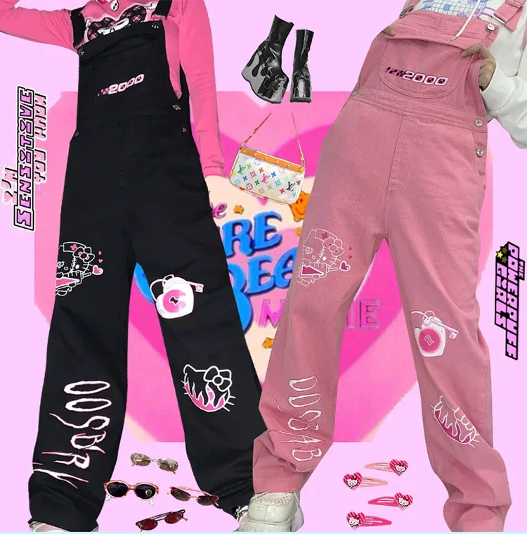 Retro Loose Straight Wide leg Pant Women's Cartoon Print Rompers Jumpsuits Spice Girls Sweet Cute Students Overalls Pants Capris