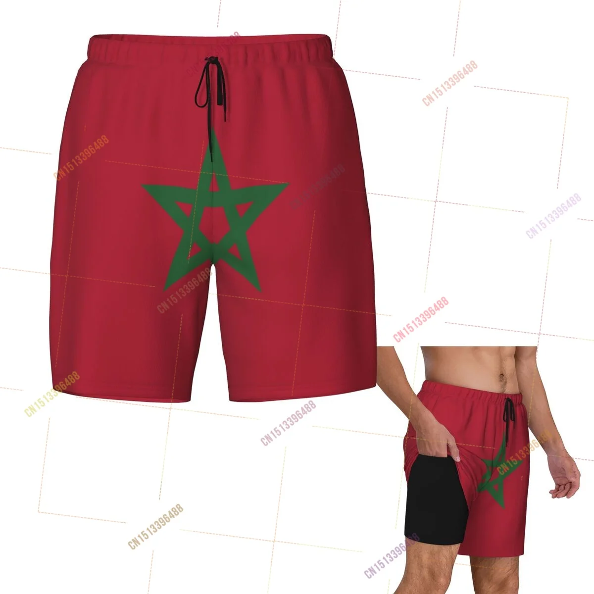 

2026 Morocco Flag Top Print 3D Mens Swimming Trunks Hawaiian Bathing Beach 2 in 1 Quick-Dry Summer Swim Shorts With Pockets