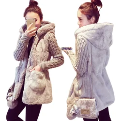 Spring Autumn Jacket Women Hooded Coat Furry Faux Fur Knit Sweater Coat Big Pocketswomen Coats And Jacket Plus Size Women Jacket