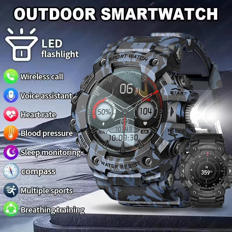

Мужские военные умные часы, компас, светодиодный фонарик, AMOLED HD-экран, умные часы, IP68, водонепроницаемый монитор здоровья, спортивные часы на открытом воздухе