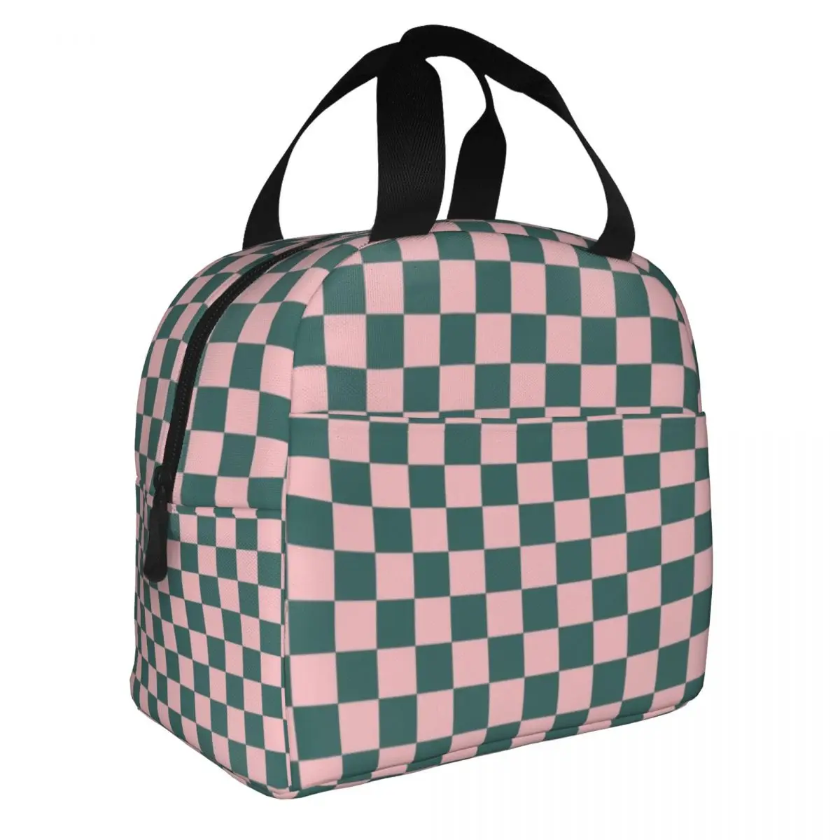 Custom Checkerboard Pattern Teal And Pink Insulated Lunch Bags for Women Geometric Plaid Resuable Cooler Thermal Bento Box