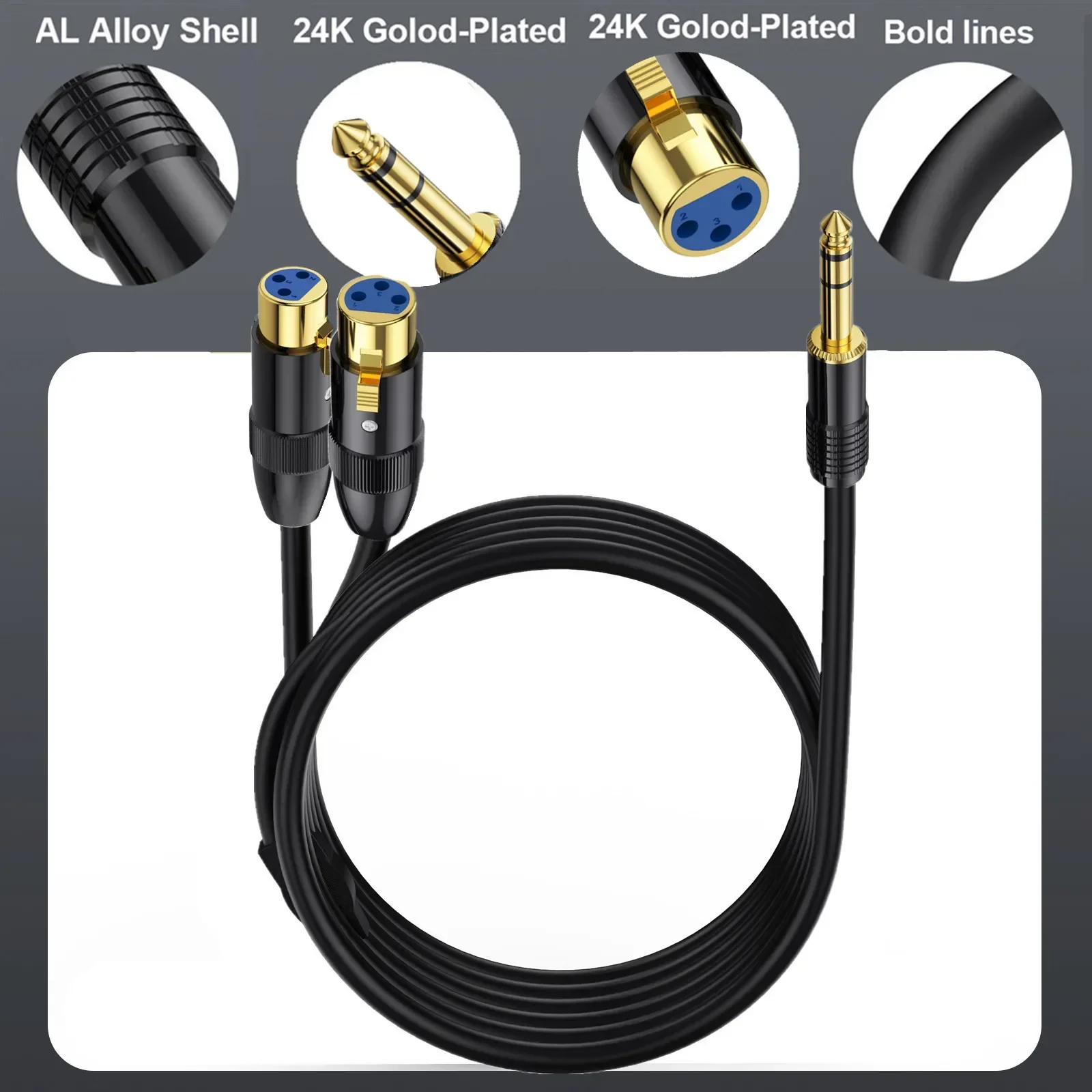 Dual Female XLR to 1/4 inch TRS Stereo Male Plug Y-Splitter Cable, Unbalanced 2-XLR Female to Quarter inch Adapter Patch Cord