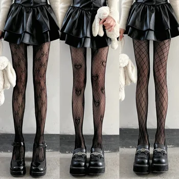 Medias de rejilla con estampado de corazón para mujer, medias altas hasta el muslo, lencería ajustada, pantimedias de encaje sexis ajustadas