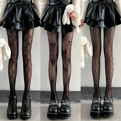 Imagen 1 del producto Medias de rejilla con estampado de corazón para mujer, medias altas hasta el muslo, lencería ajustada, pantimedias de encaje sexis ajustadas