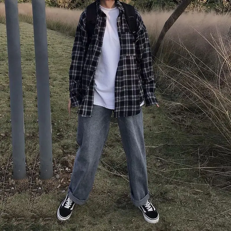 Harajuku Y2K Plaid Shirt Women Streetwear Oversize Loose Vintage Blouse Spring New Long Sleeve All Match Bf Tops Coat