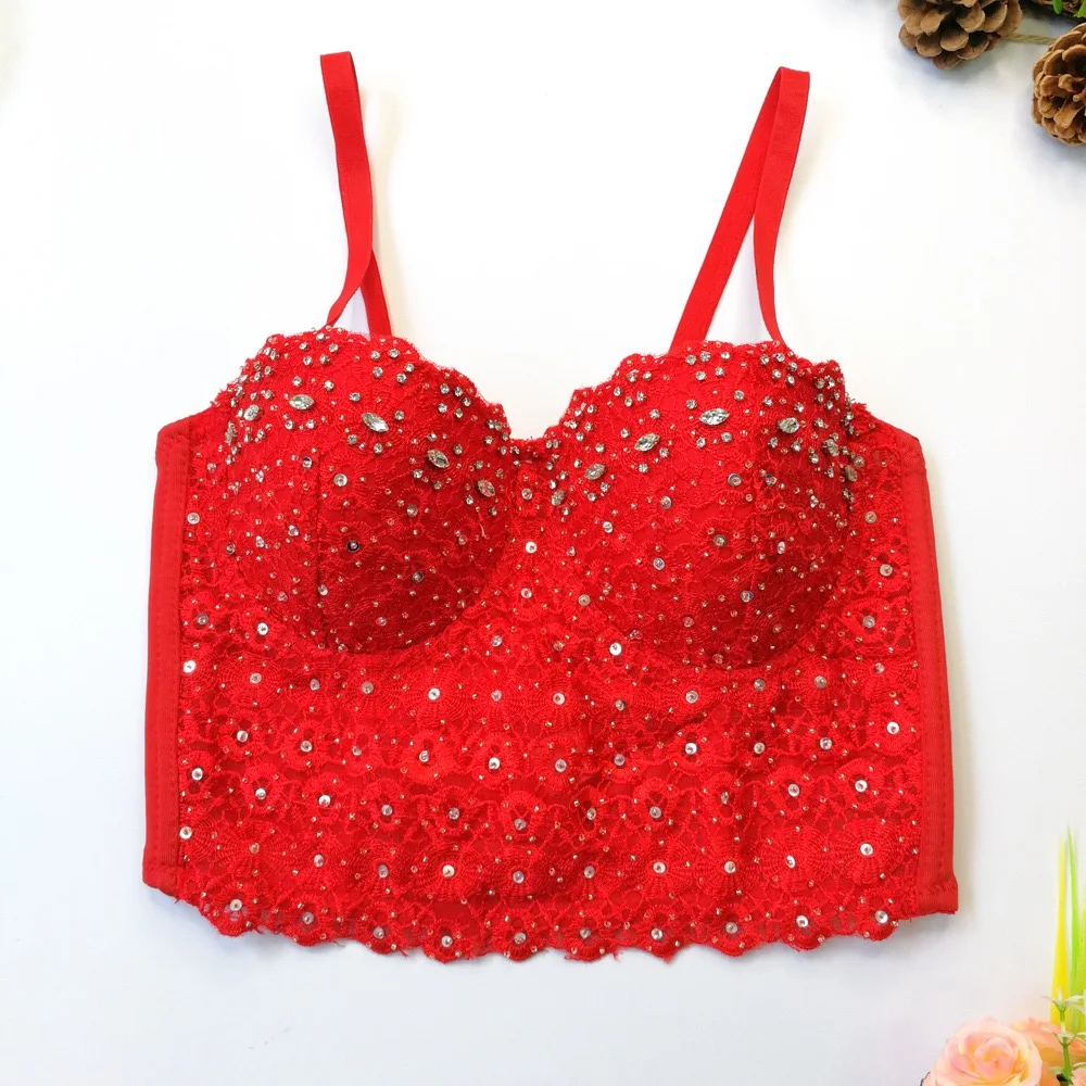 Elegant and fashionable lace suspender hottie bra, bright diamond beaded high-end short top, party club clothing