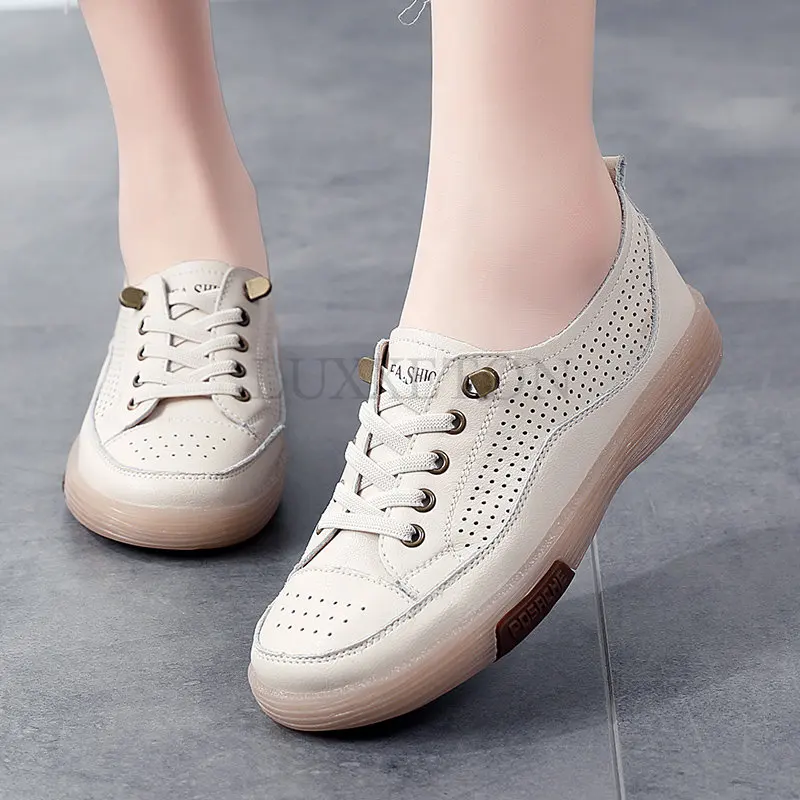 Women Flat Shoes Summer Breathable Cutout Casual Shoes Ladies Soft Bottom Genuine Leather Flats White Shoes Woman