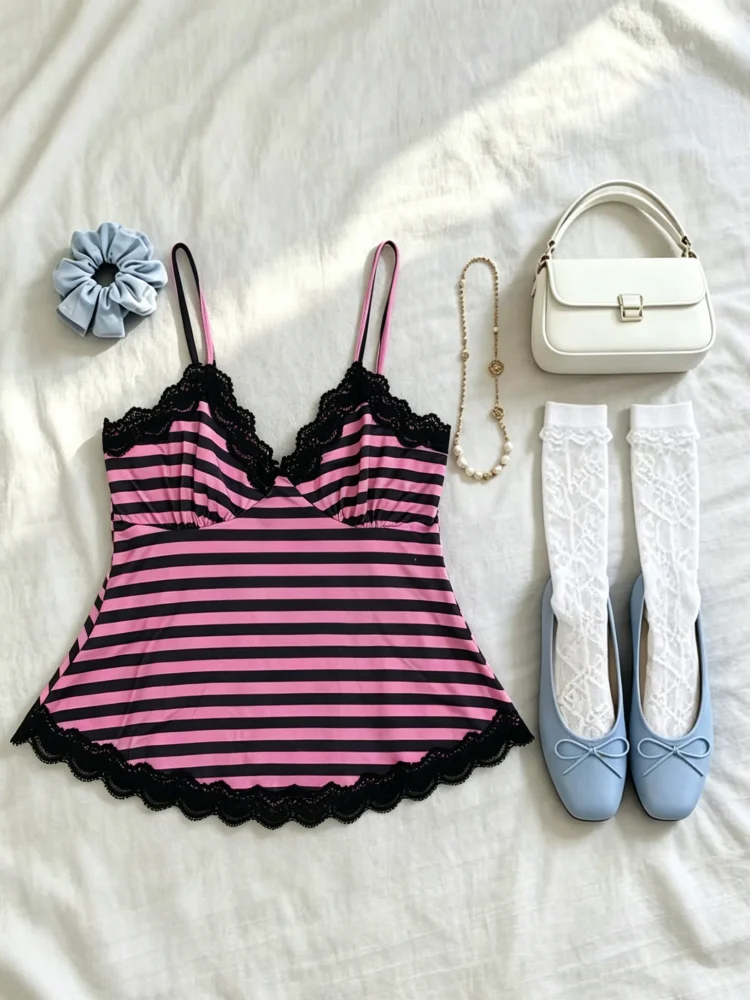 Cami Top Lace - Retro Pink Black Striped Lace Trim
